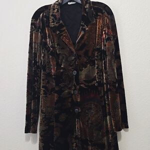 Vintage Clio black fan print velour coat Sz L(missing, See Measurements